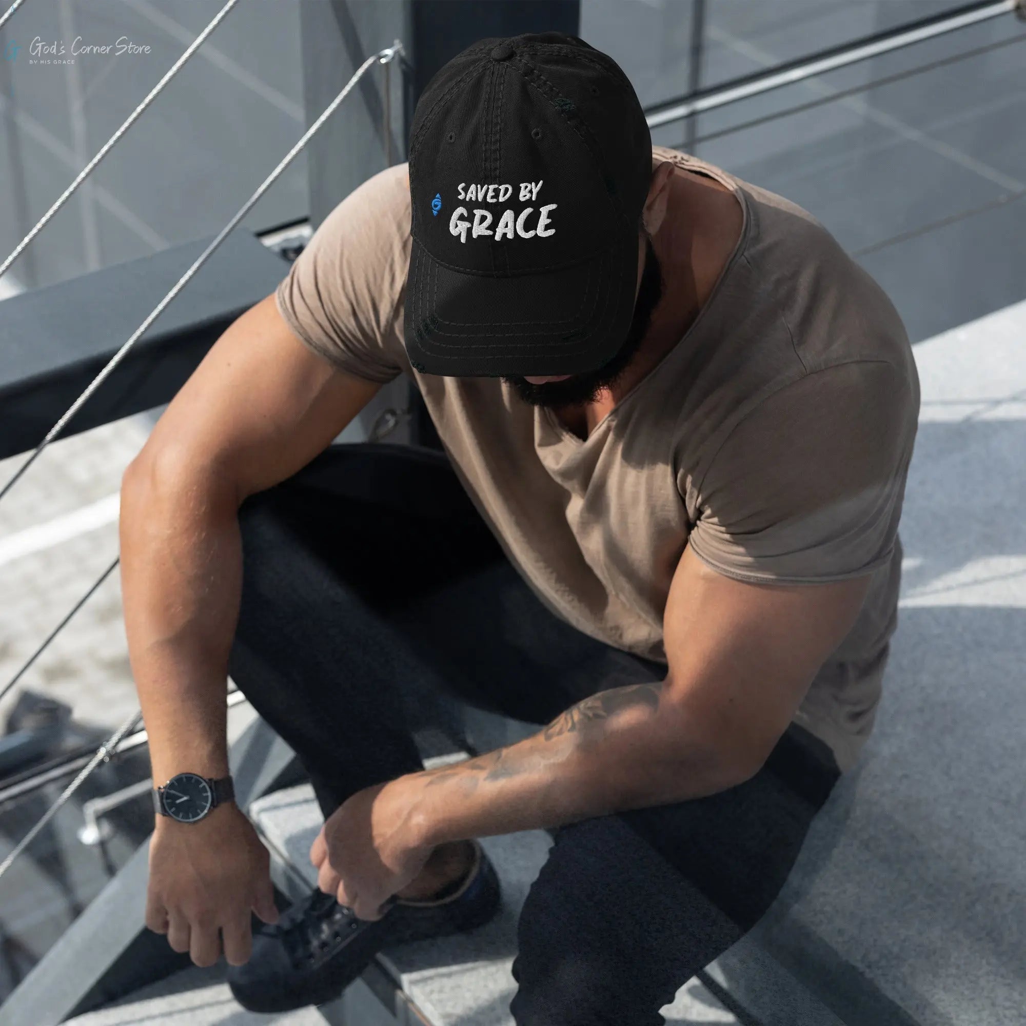 SAVED BY GRACE Distressed Ball Cap God's Corner Store