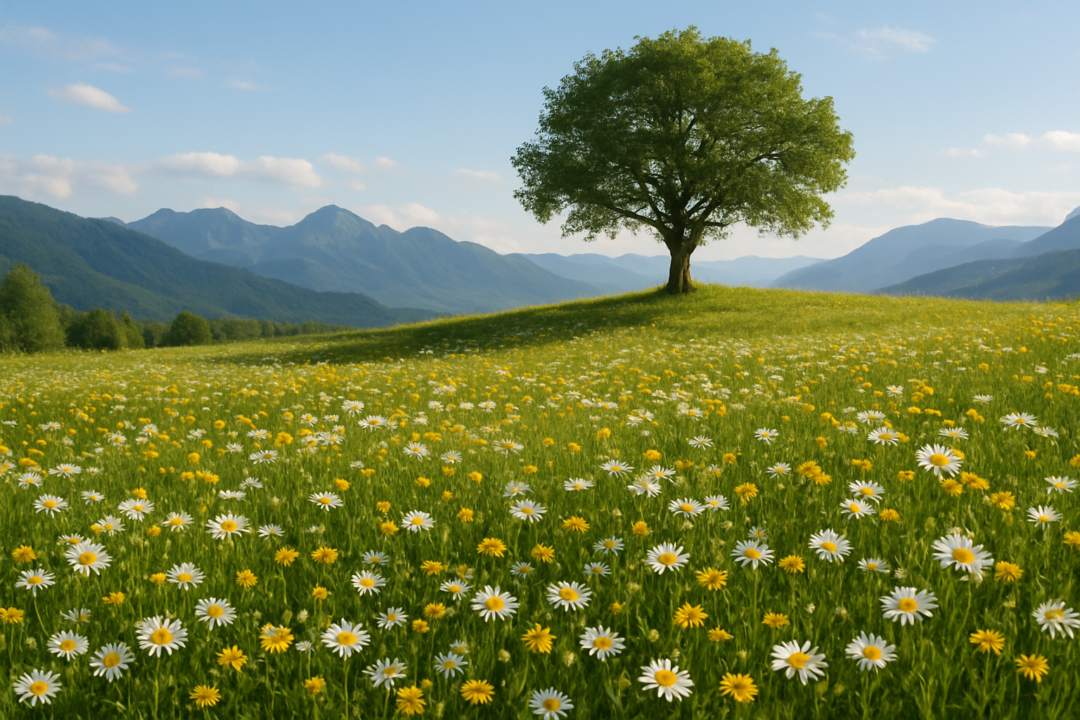 much better. can you make the tree just slightly smaller. and, if possible, make the flowers only white and yellow.